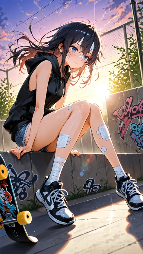 Lens Flare,Lens Flare風,colorful,(masterpiece, Highest Quality),beautiful woman taking off plastic, full body, hits the face to the ground, unkempt hair, ((covered in bandage, bandage on legs, bandage on forehead)), (Skateboard, hits the face to the ground,...