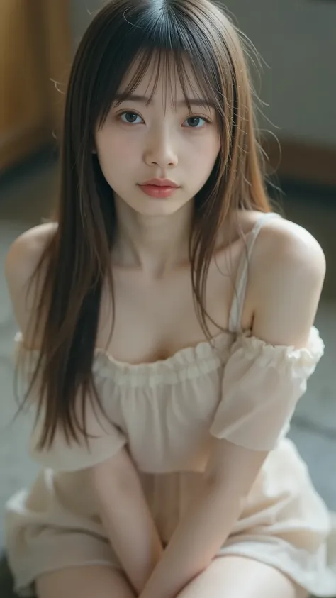 1girl, wearing a tank top with thin straps, Original photo, Highest Quality, very detailed, super detailed, high resolution, slim body, long hair, medium breasts, sitting, A fair-skinned Japanese girl.