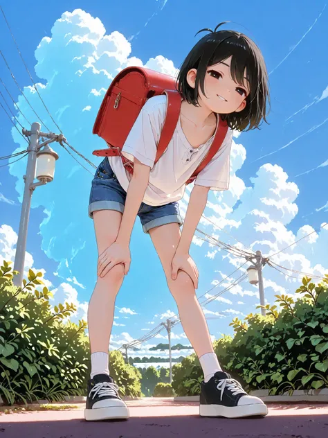 (Masterpiece: 1.2), 4k, (Best Quality, High Resolution, High Detail), 1 Boy, Solo, ((Omori Sunny)), (Young Boy), ((Elementary School Student)), (Randoseru), Very Short Shiny Black Hair, (Big Detailed Black Eyes, Wink), (Parted Mouth, Perverted Smile), (Unb...