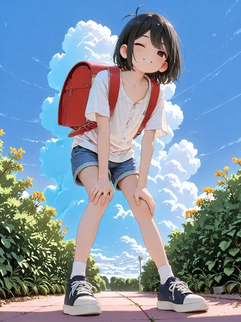 (Masterpiece: 1.2), 4k, (Best Quality, High Resolution, High Detail), 1 Boy, Solo, ((Omori Sunny)), (Young Boy), ((Elementary School Student)), (Randoseru), Very Short Shiny Black Hair, (Big Detailed Black Eyes, Wink), (Parted Mouth, Perverted Smile), (Unb...