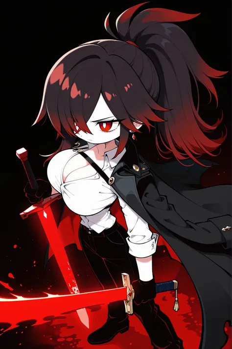 funamuseastyle,masterpiece, best quality, amazing quality, highres, absurdres, newest, very aesthetic, hyper-detailed, solo, from above, from side, foreshortening, red eyes, white pupils, gradient hair, black hair, red hair, long hair, asymmetrical hairlin...