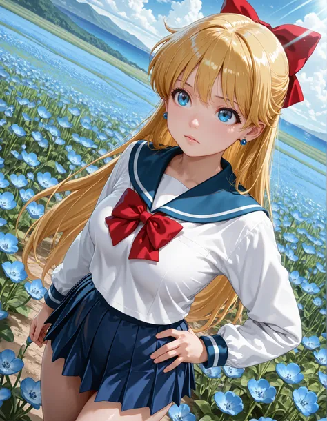 (((dutch angle))),(1girl, solo:1.3), masterpiece,best quality,amazing quality, ((aino minako,solo,blonde hair,long hair,blue eyes,medium breasts,earrings,school uniform,blue skirt,hair bow,white shirt,blue sailor collar,serafuku,shirt,long sleeves,pleated ...