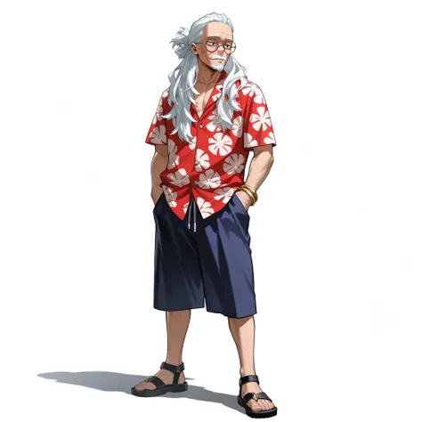 (male), (old man), (slim body), (white hair), (long hairstyle), (black eyes), (round glasses), (short goatee), (gold rings on fingers), (solo), (single character), (full body version), (white background), (no background), (highly detailed), (shadow), (stan...