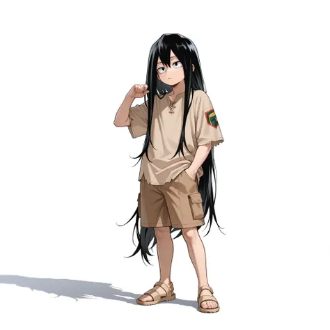 (male), (child boy), (slim body), (black hair), (very long hairstyle), (black eyes), (solo), (single character), (full body version), (white background), (no background), (highly detailed), (shadow), (standing pose), (natural light), (detailed outfit), (de...