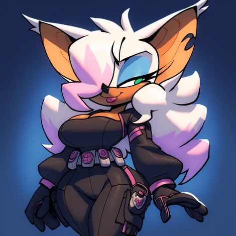 (Bigdad/character), Rouge the Bat, female, curly hair, long curly hair, (long hair), large hair bangs, wavy hair bangs, solo, indoors, medium breasts, soft fur, white fur, tactical belt, (furry), ((secret agency background)), indoors, hair bangs partially ...