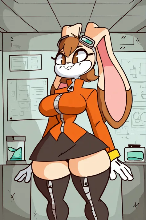 Female, (Vanilla the rabbit), light brown skin, brown eyes, long ears, brown hair, devilish smile, big breasts, big legs, big thighs, hips, laboratory, goggles on head, coat, long sleeves, zipper pull tab, white gloves, skirt, black skirt, zettai ryouiki, ...
