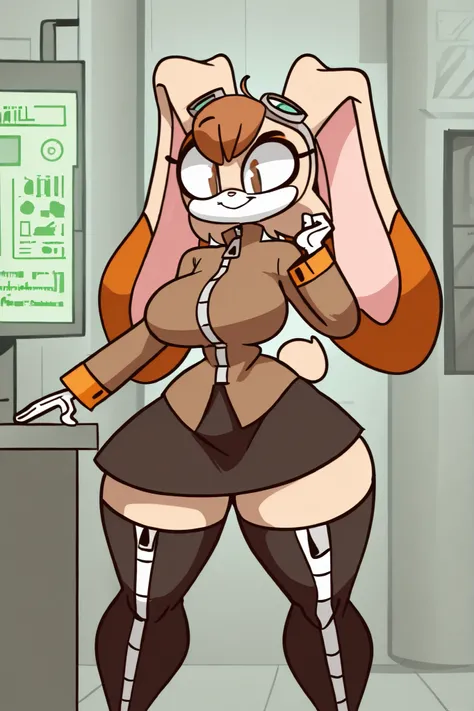 Female, (Vanilla the rabbit), light brown skin, brown eyes, long ears, brown hair, devilish smile, big breasts, big legs, big thighs, hips, laboratory, goggles on head, coat, long sleeves, zipper pull tab, white gloves, skirt, black skirt, zettai ryouiki, ...