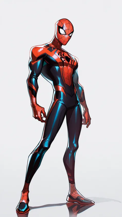 Spiderman wearing a red & black colour sleek suit, athletic body, white spider symbol on chest, 2.5D cartoon style, 8K ultra HD, high quality, standing pose, good detailing, good lighting, full body, front view, back view, front view, side view, white back...