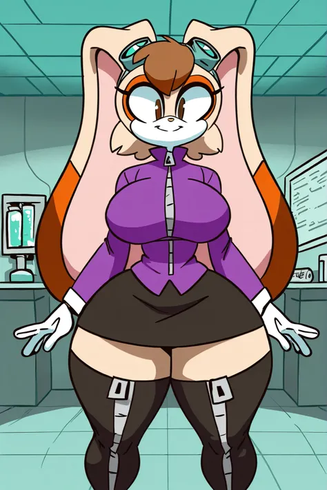 Female, (Vanilla the rabbit), light brown skin, brown eyes, long ears, brown hair, devilish smile, big breasts, big legs, big thighs, hips, laboratory, goggles on head, coat, long sleeves, zipper pull tab, white gloves, skirt, black skirt, zettai ryouiki, ...