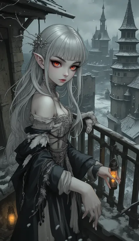 (The fusion of ukiyo-e and dark fantasy. Aesthetic, gothic-style digital art. Detailed facial rendering. Two female elves.) BREAK
(Translucent silver hair. Straight-across bangs. Silver eyebrows. Silver long eyelashes. Almond-shaped eyes. Crimson pupils. ...