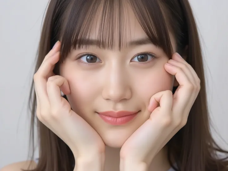 (Refined from an old photo, recreated in a modern, ultra high-quality photorealistic style,
with a trendy Reiwa-era hairstyle: soft semi-long hair with natural waves and airy see-through bangs),
Ultra photorealistic close-up portrait of a beautiful Japan...