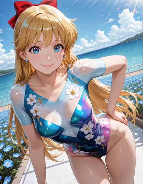 1girl, solo, looking at viewer, blurry background, cowboy shot, small chest, ((aino minako,solo,blonde hair,long hair,blue eyes,medium breasts,earrings, Smaller chest, medium breasts )),(gymnastics leotard, Floral patterns leotard, with glittery decoration...