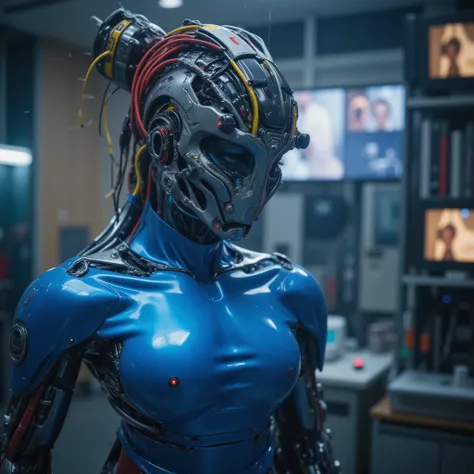 This image presents a striking scene featuring a futuristic humanoid figure, seemingly in a state of cybernetic integration. The figure's body is clad in a reflective, metallic blue suit that highlights its contours and enhances the sci-fi aesthetic. Brigh...