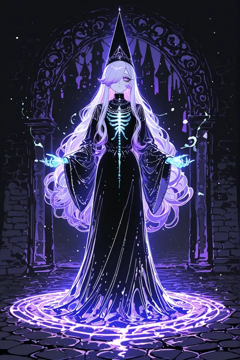 (source_anime,xxx667_illu,glowing,) The ghostly medival princes is a ghost.(She has a transparent skin, the silhouette of her skeletal bones can be see through.) She has a mature physique. She has ghostly pale skin and bruises under her eyes. She has tire...
