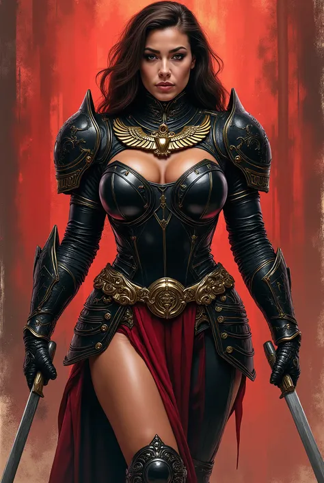 An extremely detailed comic book illustration in a dark fantasy or gothic style depicting an extremely curvaceous young woman in her late s wearing intimidating black power armor inspired by the armor of Warhammer 40k decorated with scrollwork in metallic ...