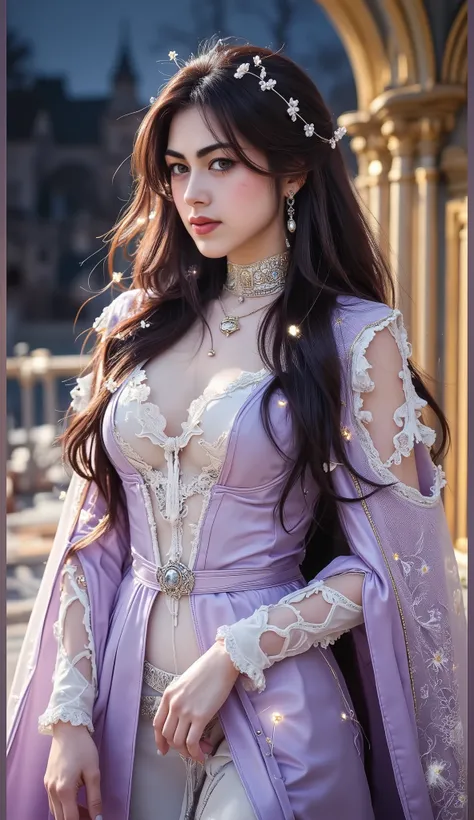 Top quality, masterpiece, ultra high definition, Original photo, 1 Girl, ((wavy sardine)), cinematic lighting, very long hair, detailed eyes, wind, necklace, piercing, ((knighthood cospaly)), ((wavy clothing)), ((lavender clothing)), ((wavy lace)), ((wavy ...