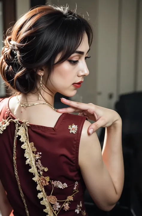 Amazing portrait of a woman who is 30 years old and an adult and a sexy woman in a bedroom with a beautiful detailed face emphasised by some amazing makeup happy vibes beauty smile open mouth confident wearing an orange maxi dress with floral patterns and ...