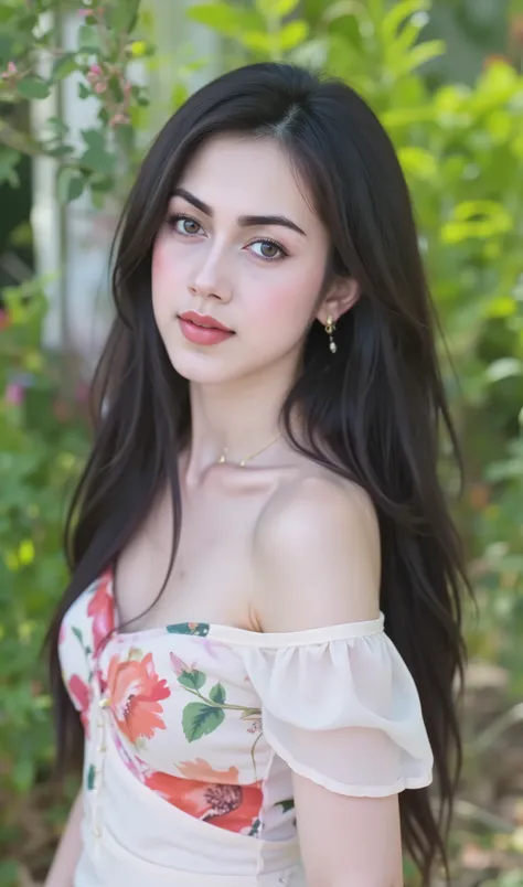 Amazing portrait of a woman who is 30 years old and an adult and a sexy woman in a bedroom with a beautiful detailed face emphasised by some amazing makeup happy vibes beauty smile open mouth confident wearing an orange maxi dress with floral patterns and ...