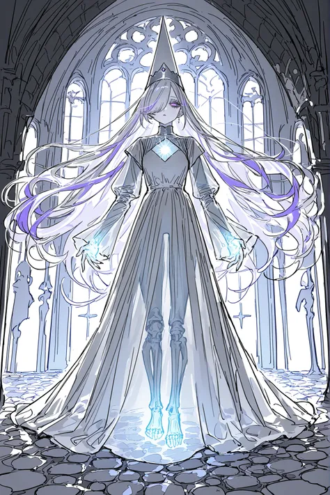 (source_anime,ma1ma1helmes_b_illu,sketch,glowing,) The ghostly medival princes is a ghost.(She has a transparent skin, the silhouette of her skeletal bones can be see through.) She has a mature physique. She has ghostly pale skin and bruises under her eye...