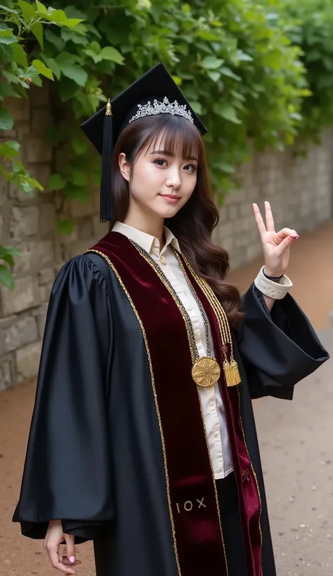 photorealistic medium shot, centered on a stunning woman + (((seductive smile, hourglass figure, big breasts))) + (((keep the exact face details, hair details, hairstyle and hair colour of the selected LoRA))), she is in graduation attire, captured from a ...