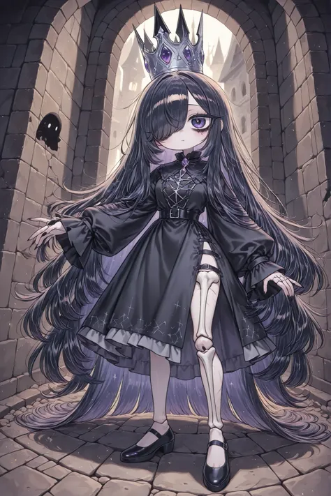 (edanoma_meu_illu,) The ghostly medival princes is a ghost.(She has a transparent skin, the silhouette of her skeletal bones can be see through.) She has a mature physique. She has ghostly pale skin and bruises under her eyes. She has tired big black-purpl...