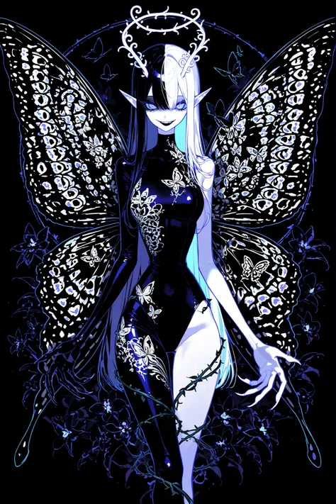 (SPLIT-COLOR HAIR,MIX OF BLACK AND WHITE HAIR,xxx667_illu,Black butterfly leotard, narrow waist,butterfly print,) Dark faèrie-girl. She has an asthenic skinny flat-chested physique, she has long elegant swan neck,clawed six-fingered limbs,long pointy ears....