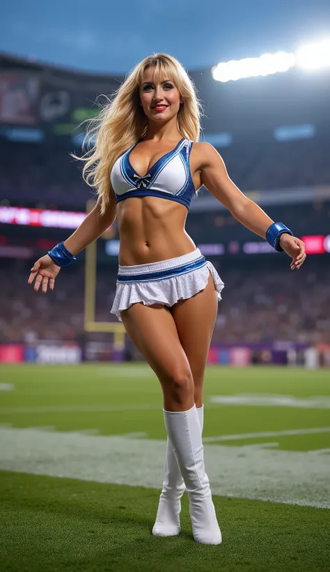 A strong beautiful woman, American football cheerleader, dancing in a stadium, she is wearing two pieces tight skirt cheerleader costume, nylon shiny white and blue, pantyhose, white long boots, American woman with long blonde hair, bang, photorealistic, h...