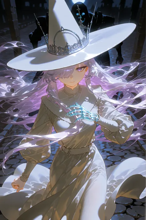 The ghostly medival princes is a ghost.(She has a transparent skin, the silhouette of her skeletal bones can be see through.) She has a mature physique. She has ghostly pale skin and bruises under her eyes. She has tired big black-purple eyes with long eye...