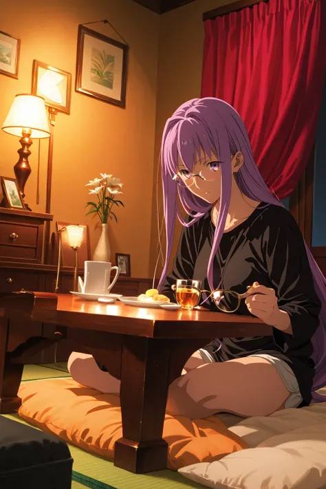 masterpiece、High Quality、Ultra Detailed 、anime scene、ufotable style、fate/stay night、 riders、 Medusa 、purple super long hair、gold rimmed glasses、Japanese-style room、tatami、Shoji screen、low table、During break、a relaxed expression、roomwear、black long sleeve s...