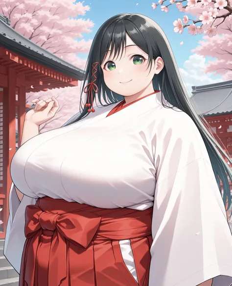 obese,fat,plump,WeightObese,masterpiece, best quality, 1girl, solo,   amagamiyae, black hair, long hair, green eyes, hair ribbon, white kimono, red hakama skirt, wide sleeves, big breasts, upper body, japanese architecture, cherry blossoms, blue sky, looki...