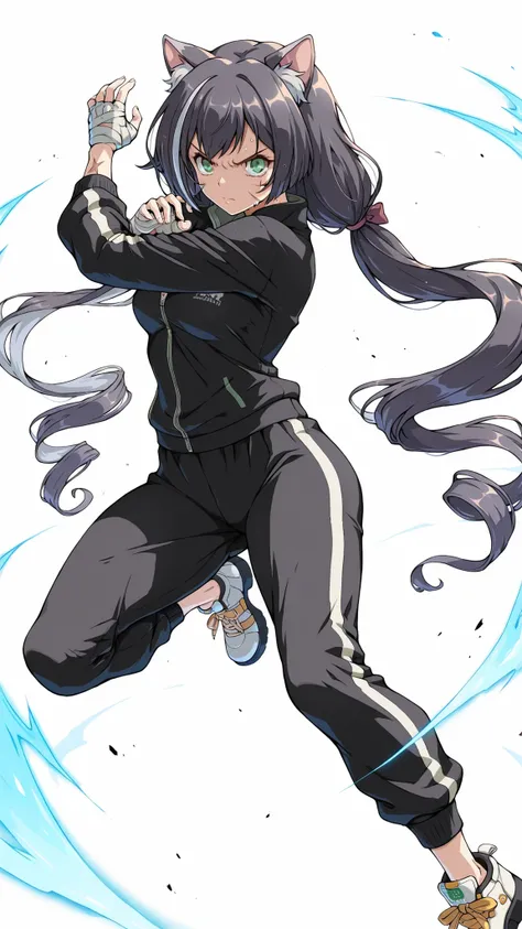 White background, source_anime, Princess Connect!, Karyl, solo, 1girl, curvy, lithe body, medium breasts, slim hips, slim thighs, serious expression, black hair, green eyes, standing, black and white tracksuit, black sweat pants, facial scars, handwraps, w...