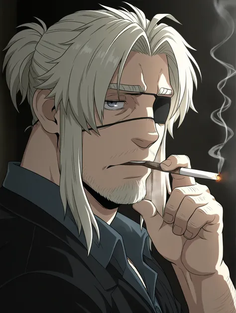 masterpiece, best quality, amazing quality, Worick Arcangelo, grey eyes, eyepatch, beard, acial hair, Blonde hair, 1 boy, male focus, bara, solo, smoking, Gray-blue eyes