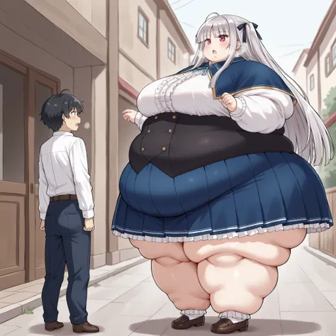 Julie Sigtuna,ahoge,very long hair,grey hair,black hair ribbon,two side up,sidelocks,blunt bangs,fuchsia eyes,blue capelet,neck ribbon,blue ribbon,white shirt,center frills,long sleeves,black corset,buttons,blue skirt,pleated skirt,frills, fat, chubby, obe...