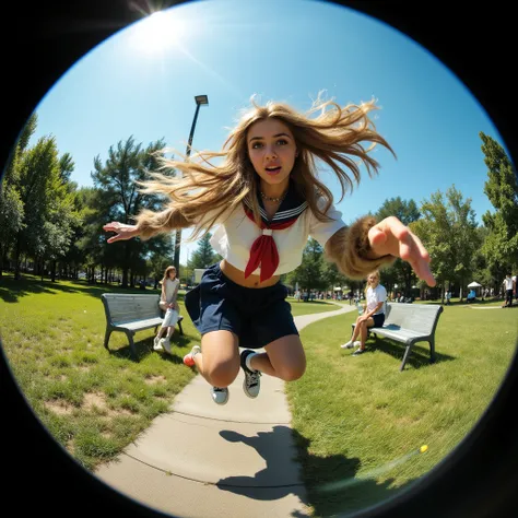 An Capuchin monkey performing parkour in a park on a summer afternoon, wearing a white and navy sailor middle-school uniform, mid-air leap over benches and bars, her skirt and hair flowing in the wind, sunlight glinting on her skin and hair, sweat sparklin...