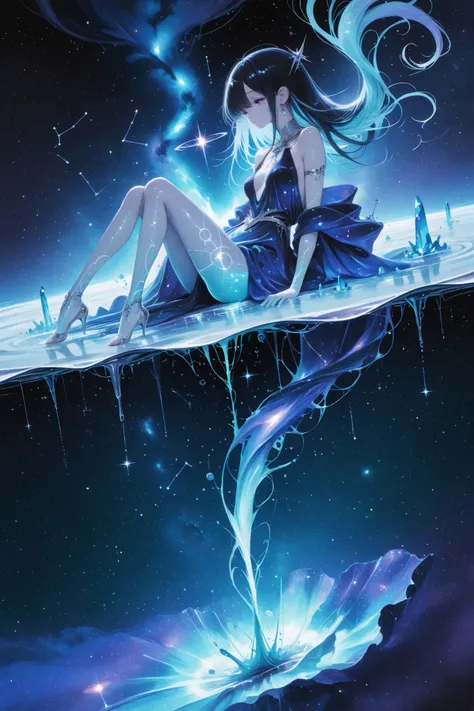 (masterpiece, Highest Quality, ultra-detailed anime-style digital painting),
A beautiful girl who embodies the constellation Aquarius, Graceful ethereal,
((the body is rolled up and floated in the air:1.23))、
long black hair with sparkling silver-blue ...