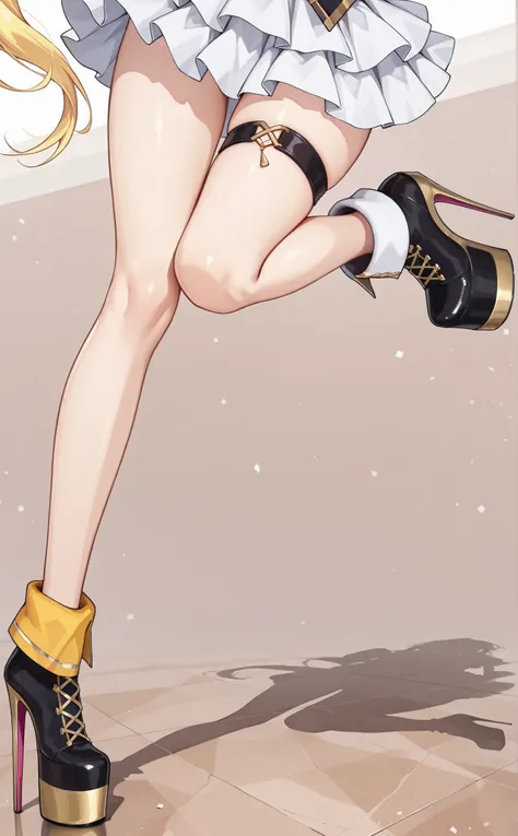 ((pigeon-toed only one leg)), ((nijisaracos)),gold trimmed thigh strap ,((large thigh)) ,single black thigh strap, ((Strap on left thigh)),nijisara,heterochromia,1 girl,bare legs, zettai ryouiki,sexy girl,((she floating in the air)), she is off the ground,...