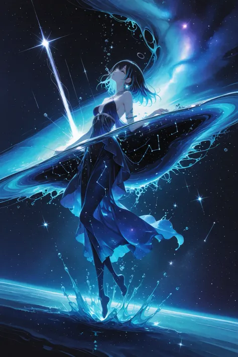 (masterpiece, Highest Quality, ultra-detailed anime-style digital painting),
A beautiful girl who embodies the constellation Aquarius, Graceful ethereal,
((the body is rolled up and floated in the air:1.23))、
long black hair with sparkling silver-blue ...
