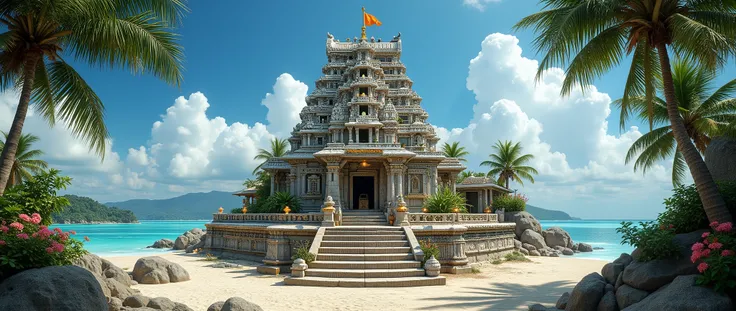 Ultra-realistic cinematic front view of a majestic South Indian Hindu temple on a tropical island. The temple is positioned front and center, with the main gopuram facing directly toward the viewer, emphasizing its grandeur and intricate architectural deta...
