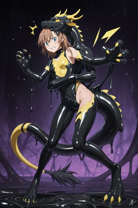 A full-body shot featuring only Misaka Mikoto body undergoing a "dragon goo TF" transformation. Her expression is a mix of shock and slight discomfort as the black, viscous, and glossy goo transforms her. only dragon goo's head no (hands, torse, tail, legs...