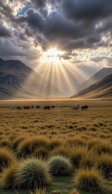 a endless grass steppe stretching toward distant mountains, dramatic storm clouds gathering overhead illuminated by scattered sunlight breaking through, golden and emerald tones of tall grass bending in wind, extreme realism in individual grass blades and ...