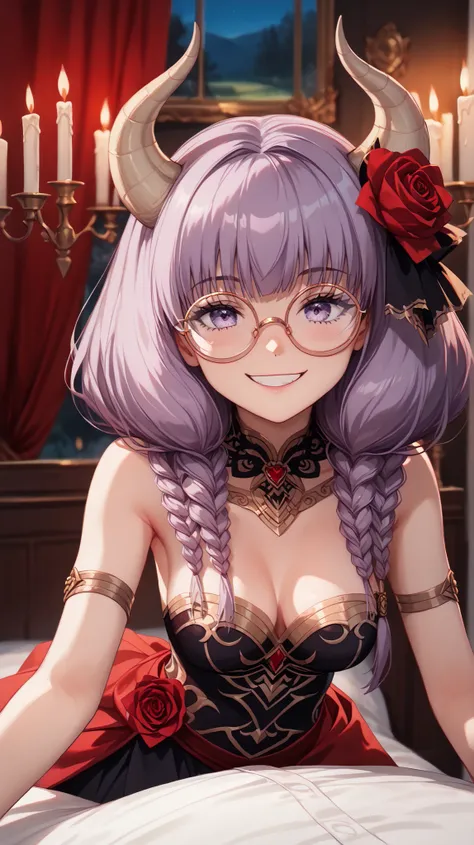 masterpiece,very detailed,beautiful faces,And high-precision,(cute Devil's Rose assassin girl:1.5),(ONE WOMAN),she's sitting in the devil's dark bedroom bed,There's a devil's candlestick behind the bed、(She's wearing round gold-rimmed glasses:1.5),Candleli...