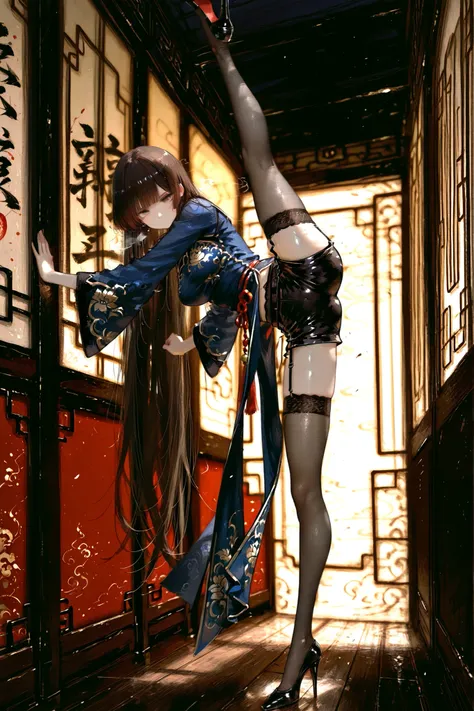 (((detailed face))), (masterpiece, detailed:1.2), highest quality, Ultra High Quality, 40k, solo, Beautiful girl,
Extremely long hair, black hair, Diagonally trimmed bangs, trimmed bangs,  blown eyes, (medium breasts),
blue China dress with gold floral emb...