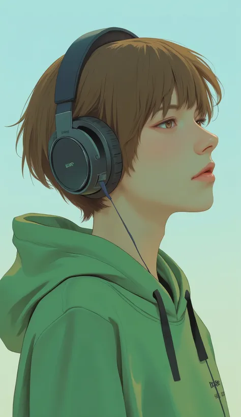 profile、and, brand over-ear headphones from the brand "Sure" is clearly visible。headphones focused on music and sound suggest a rustic, light blue background . The individual、branded over-ear headphones。. , the vivid。has brown and short hair, Modern haircu...