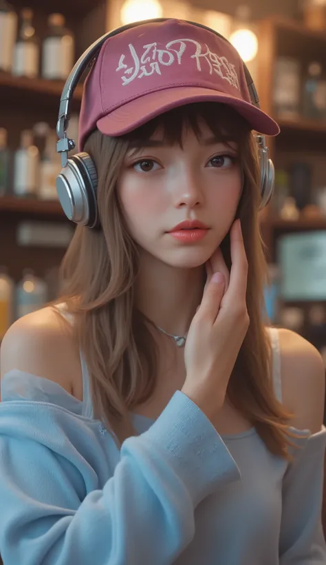 young woman sitting indoors, Relaxed and thoughtful posture. She is wearing a distinctive pink and maroon hat。White lettering embroidered、Embroidered lettering like "Hard Rock Bali." big, Silver Sony headphones cover her ears, There are hints of bottles an...