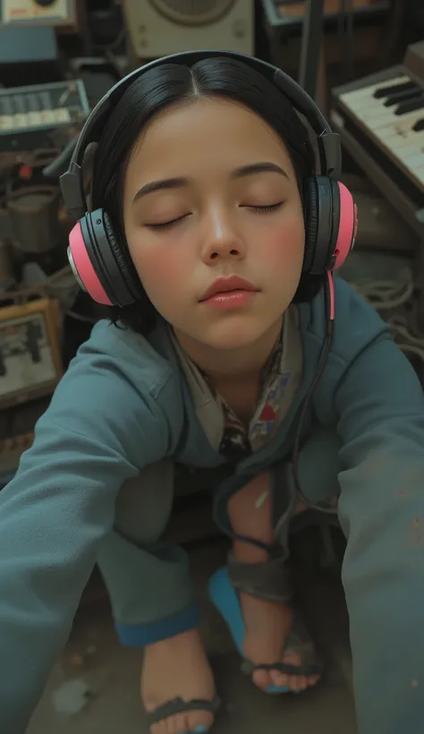 arafed girl with headphones sitting on a pile of old music equipment, girl wearing headphones, with headphones, headphones付き, wearing headphones, headphones, dancing to music, headphones on, wearing modern headphones, wooden headphones, headphones dj rave,...