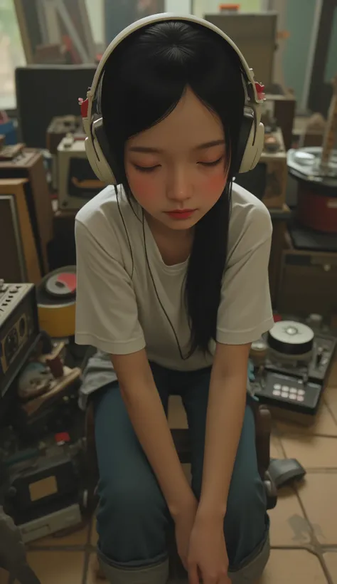 arafed girl with headphones sitting on a pile of old music equipment, girl wearing headphones, with headphones, headphones付き, wearing headphones, headphones, dancing to music, headphones on, wearing modern headphones, wooden headphones, headphones dj rave,...