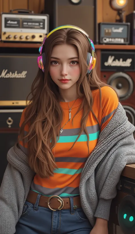 long, wavy, light brown hair、vivid, colorful headphones, reminiscent of something shiny, iridescent surfaces reflecting multiple colors. 彼らはピンクなどのvivid色が混ざった明るく楽しいストライプのトップスを着ている, green, Blue, Yellow, Complementing the energetic pattern of their cloth...