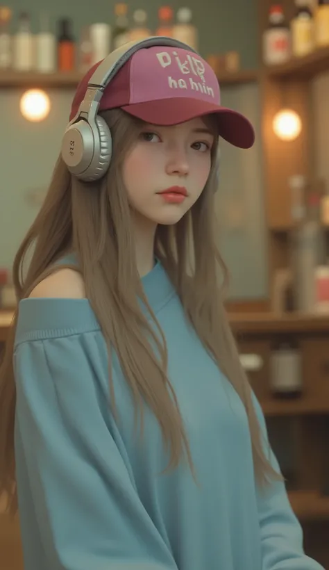 young woman sitting indoors, Relaxed and thoughtful posture. She is wearing a distinctive pink and maroon hat。White lettering embroidered、Embroidered lettering like "Hard Rock Bali." big, Silver Sony headphones cover her ears, There are hints of bottles an...