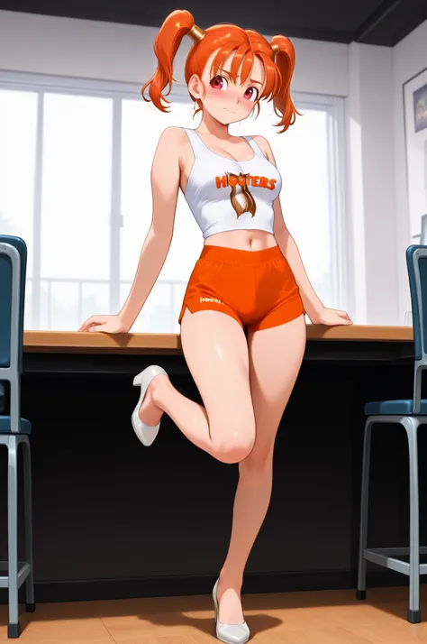 orange bloomers,Top quality, beautiful teenage girl, nice legs,red eyes,twintails,orange hair,Jessica_Albert,HootersUniform,type moon style, full body, Girls' Front, leg up, beautiful detailed fullbody, longuette, Beautiful detailed girl, teenage girl, ver...