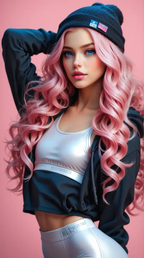 masterpiece, best quality, solo, detailed drawing, illustration, flat color, cinematic posing, detailed face, detailed eyes, adult trans woman, (blue and pink hair), curly hair, pale blue eyes, pale pink lip gloss, flat chest, collarbone, white sports bra,...